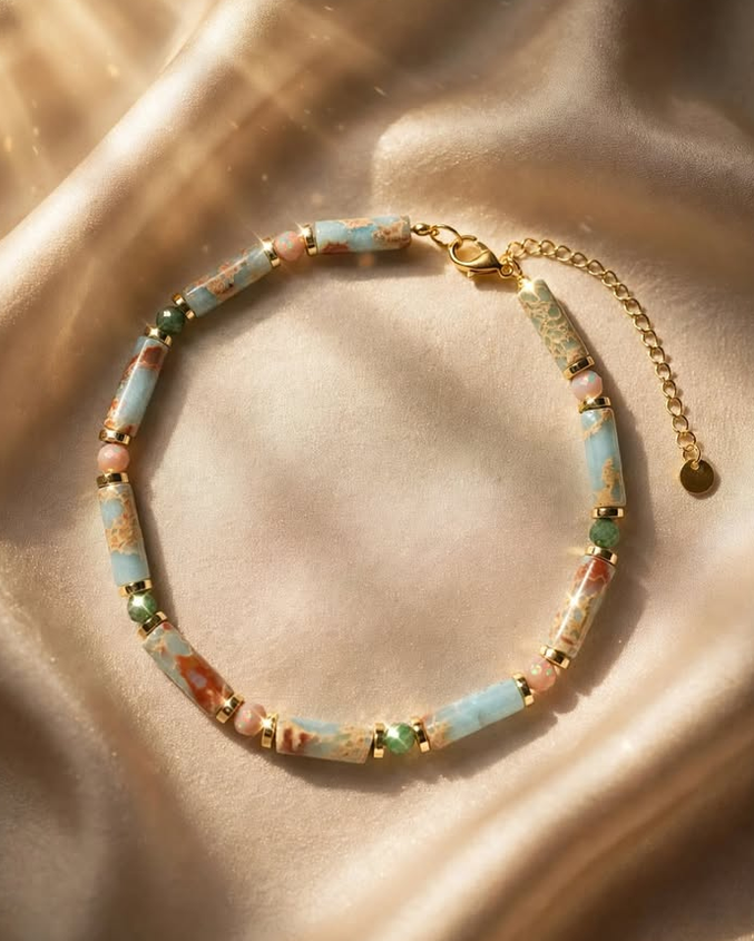 Bransoletka Spokój Oceanu - Jaspis Aqua Terra, Opal Peruwiański i Zoisyt z Rubinem
